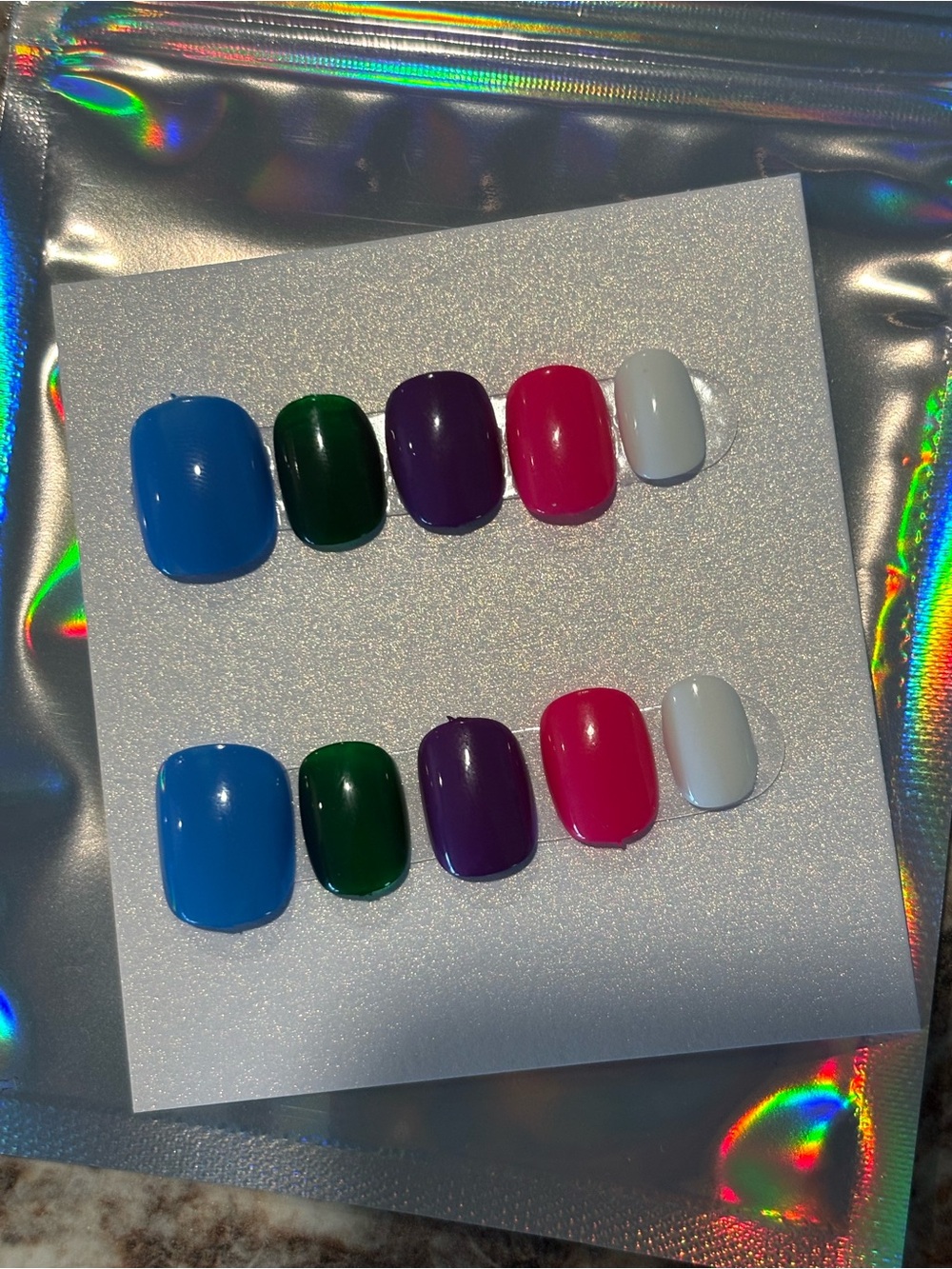 Bright Multi-Color Press-On Nail Set - Blue, Green, Purple, Pink, White
